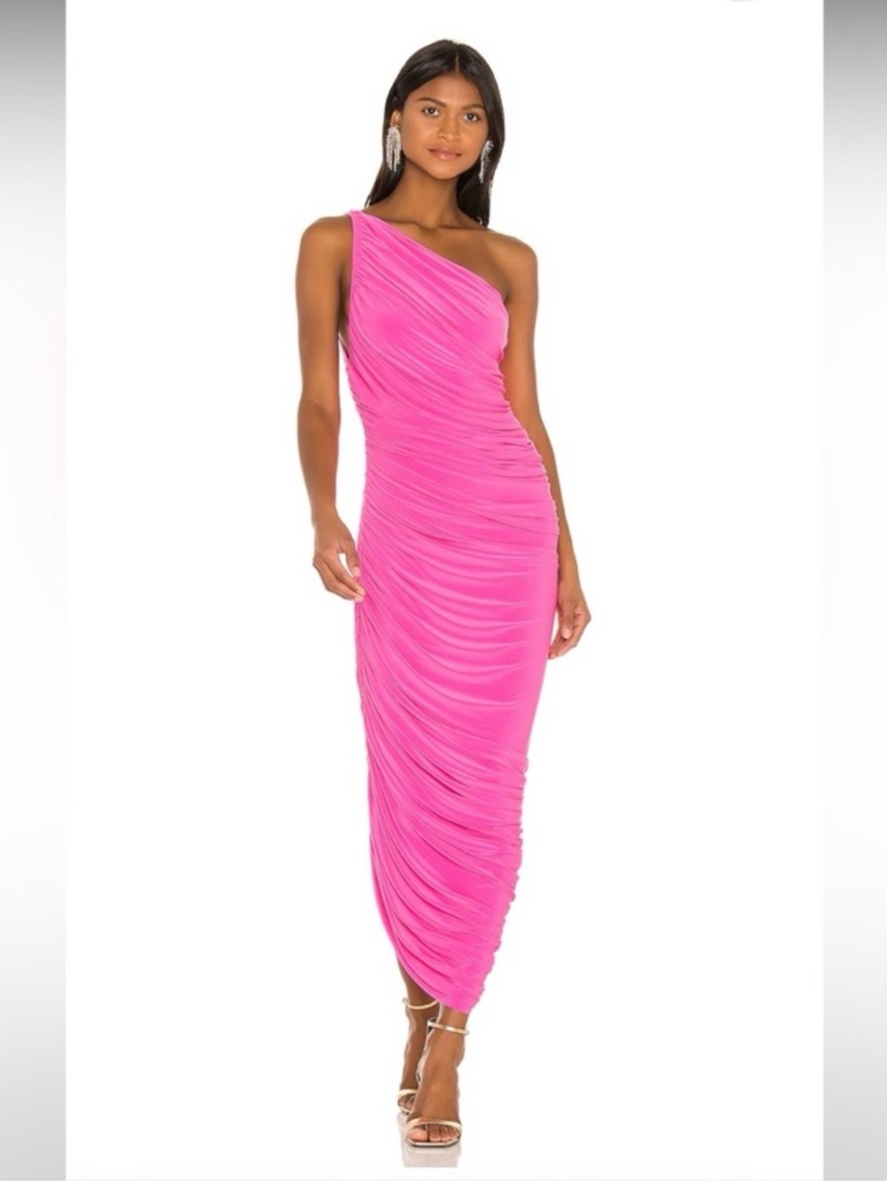 Norma Kamali One-Shoulder Ruched Maxi Dress in Hot Pink